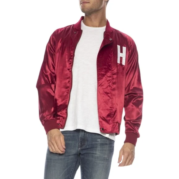 HOTEL 1171 | Red Satin Varsity Bomber Jacket | Back Graphic | Size L - Picture 2 of 10